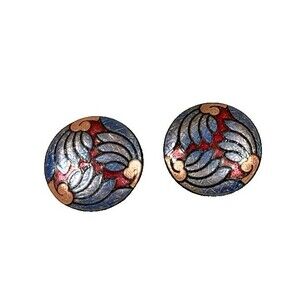 Vintage Cloisonne Earrings Enamel Painted Round Clip-on Purple & Red Artsy Rare
